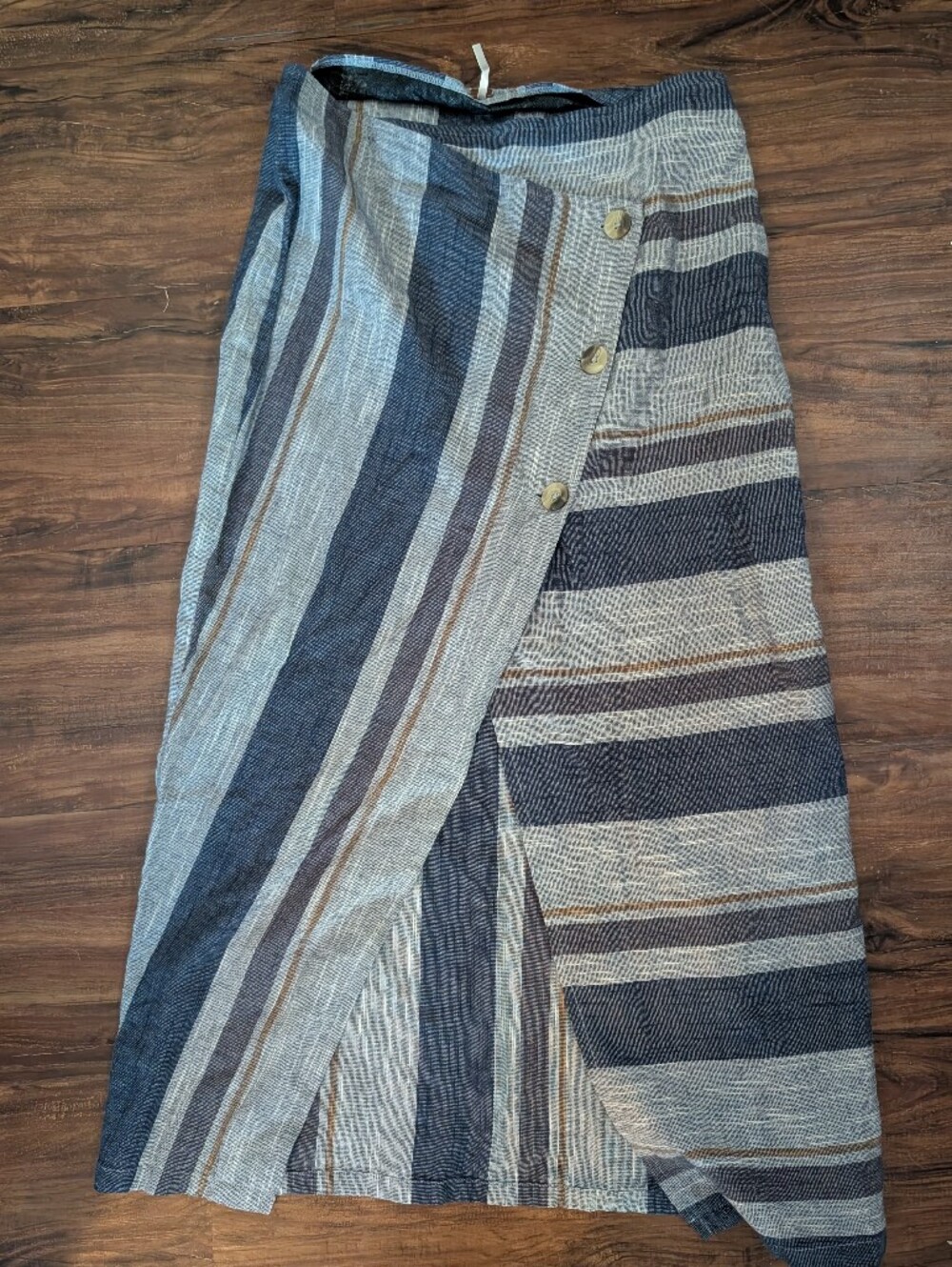 Striped Button-Front Wrap Midi Skirt 4 Blue Gray Cottage Indie Granola Fisherman